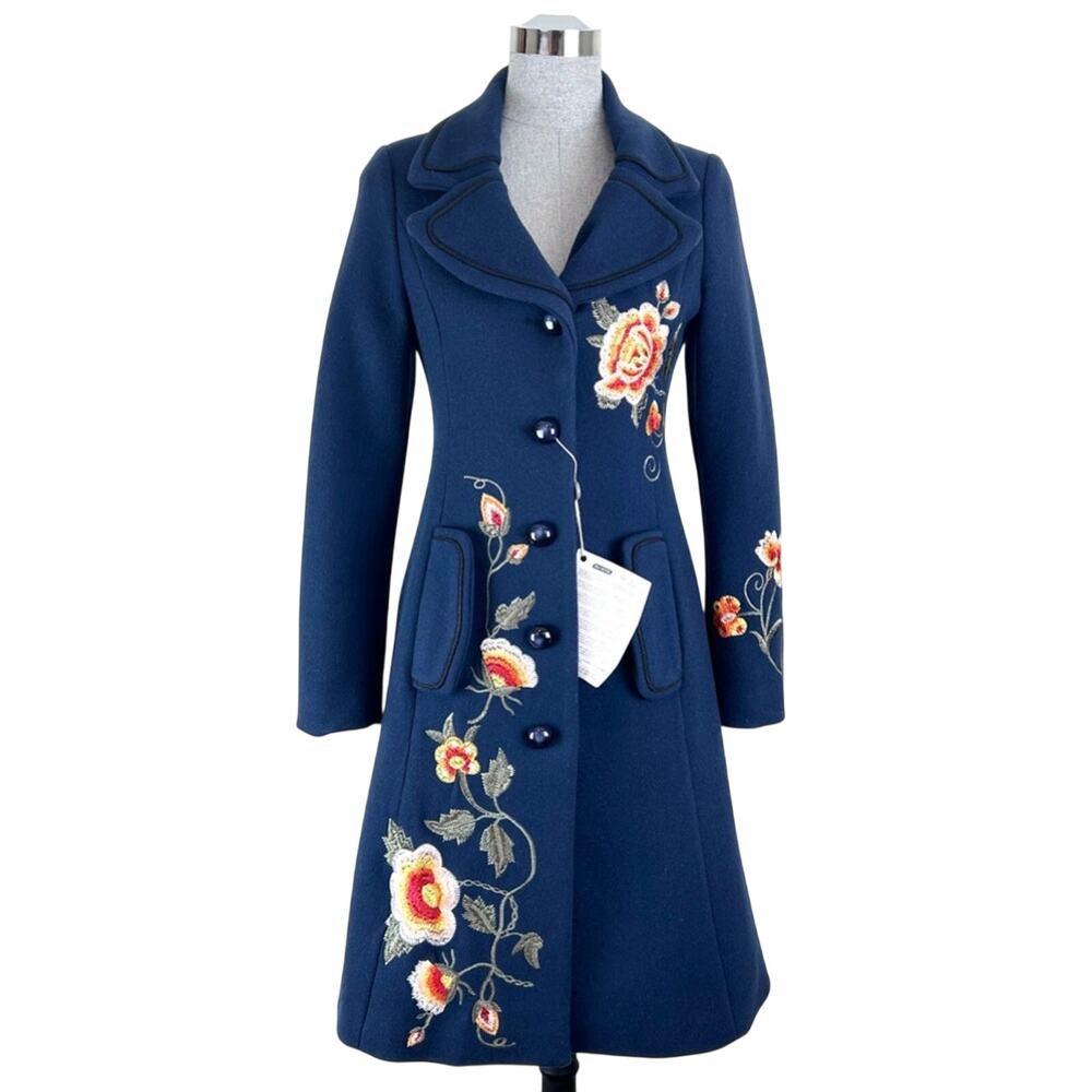 Blugirl Folies Floral Embroidered Floral Navy Blue Wool Blend Long‎ Coat